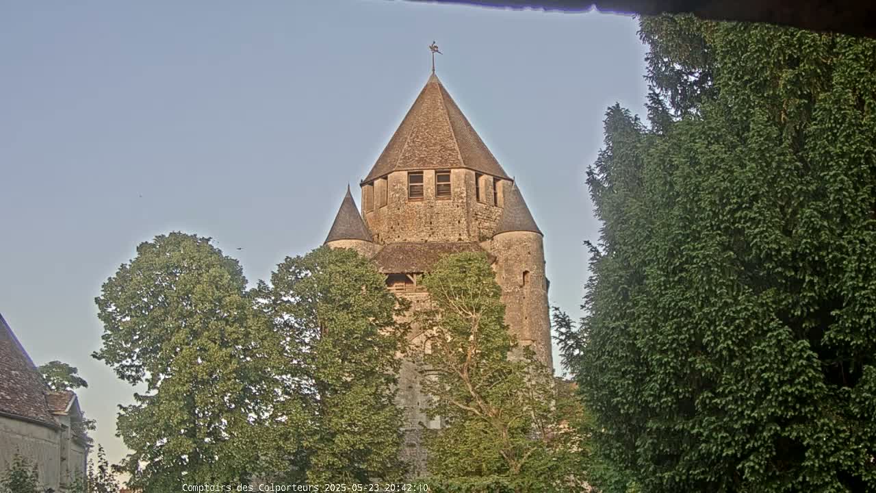 A stone tower, partially obscured by trees, stands under a clear, light-blue sky.