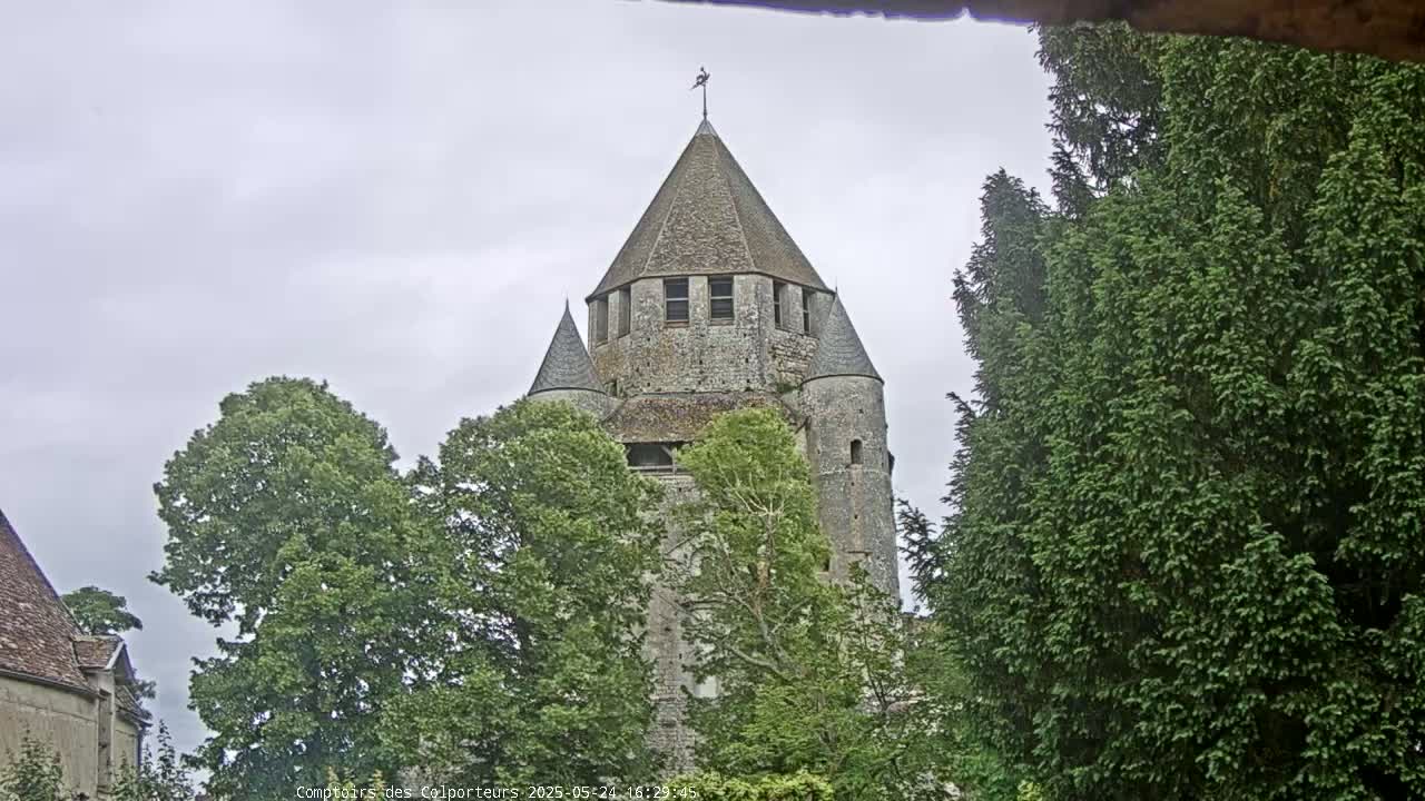 A stone tower with a conical roof is partially obscured by green trees under an overcast sky.