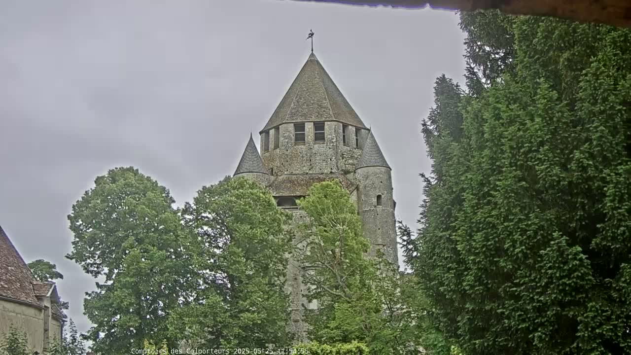 A stone tower with a conical roof is partially obscured by green trees under an overcast sky.