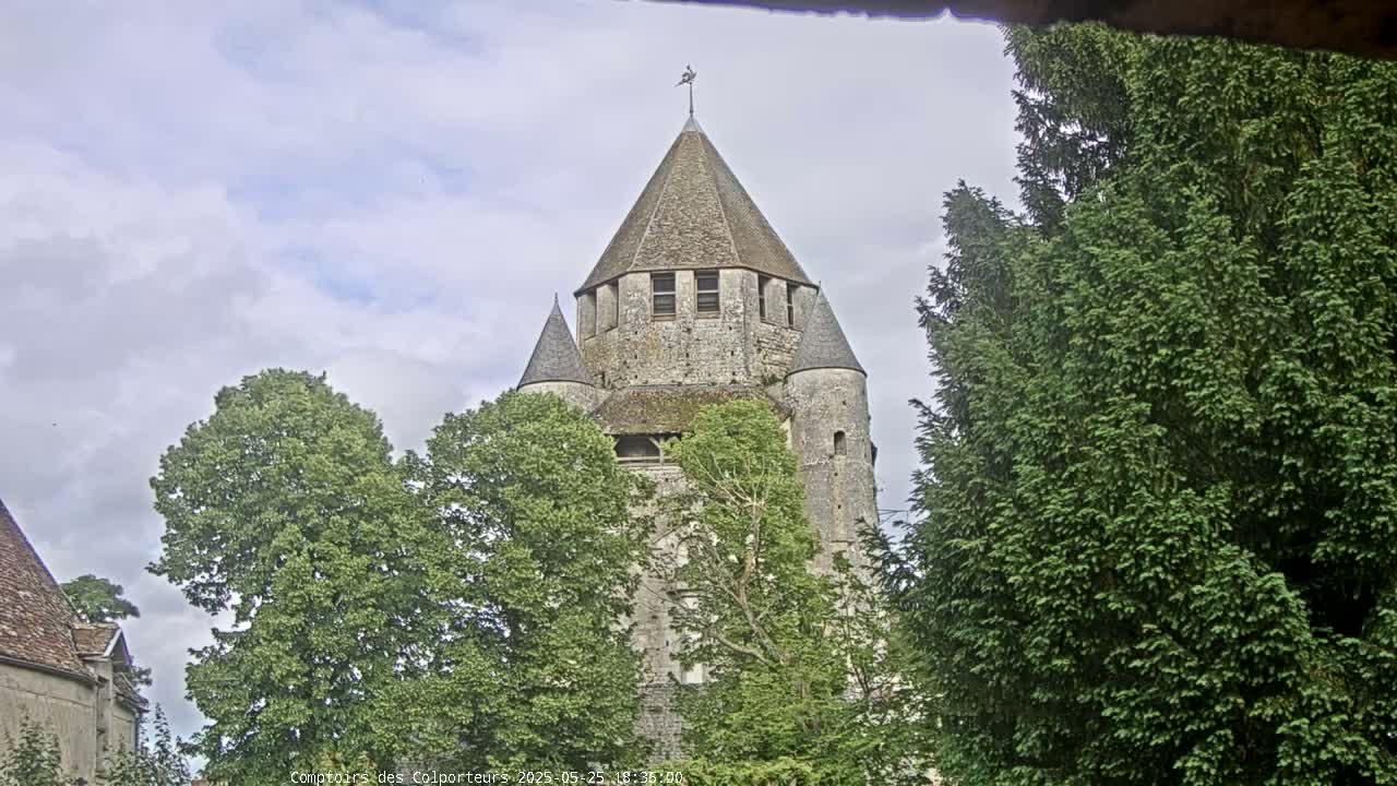 A stone tower with a conical roof is partially obscured by lush green trees under a partly cloudy sky.