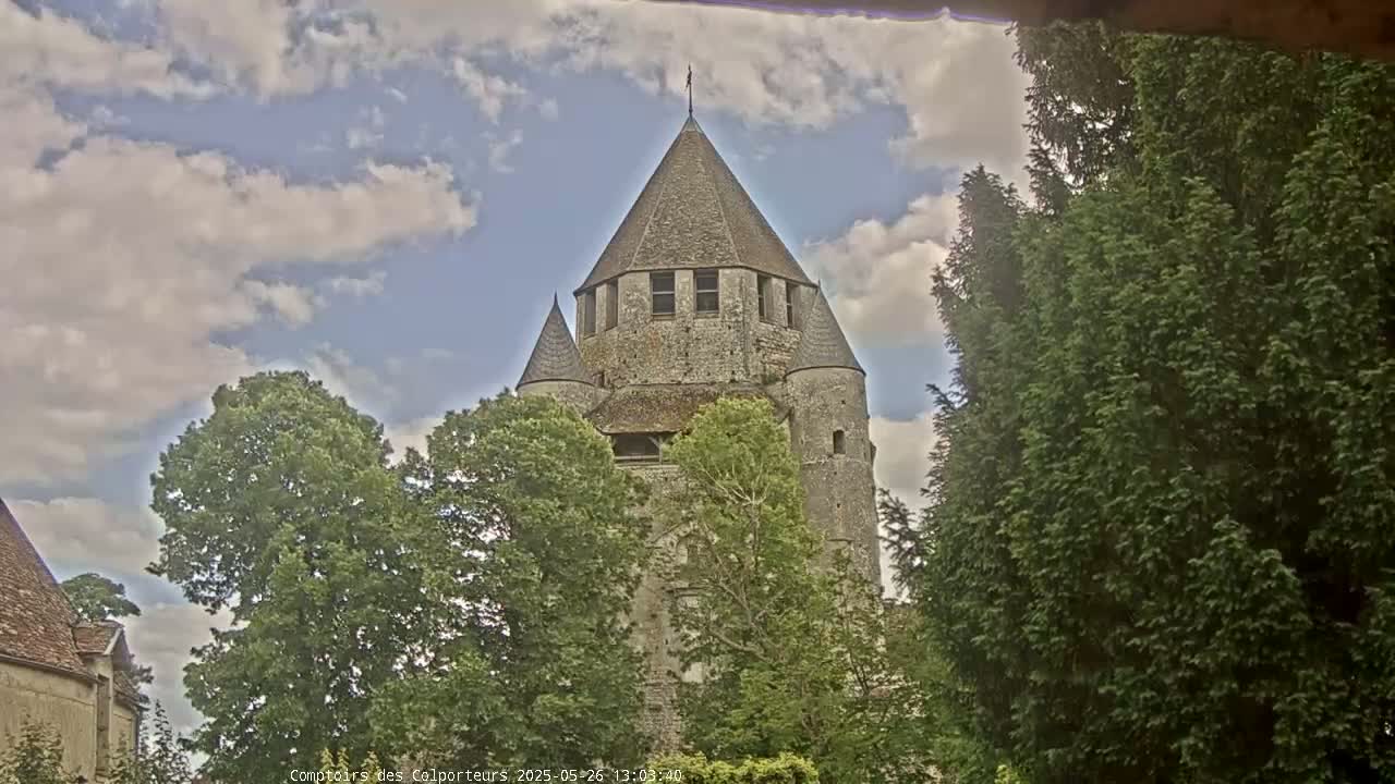 A stone tower with a conical roof is partially visible through the branches of green trees under a partly cloudy sky.