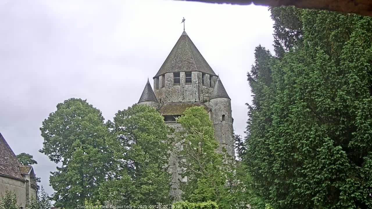 A stone tower with a conical roof is partially obscured by green trees under an overcast sky.