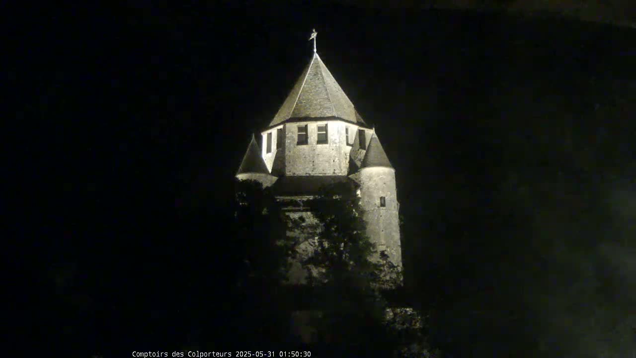 A stone tower, illuminated at night, stands against a dark sky.