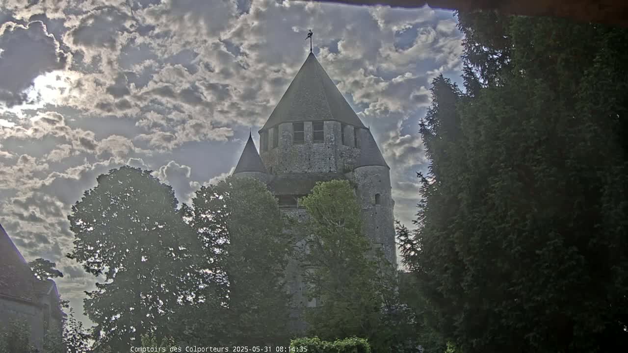 A stone tower, partially obscured by trees, is visible under a partly cloudy sky.