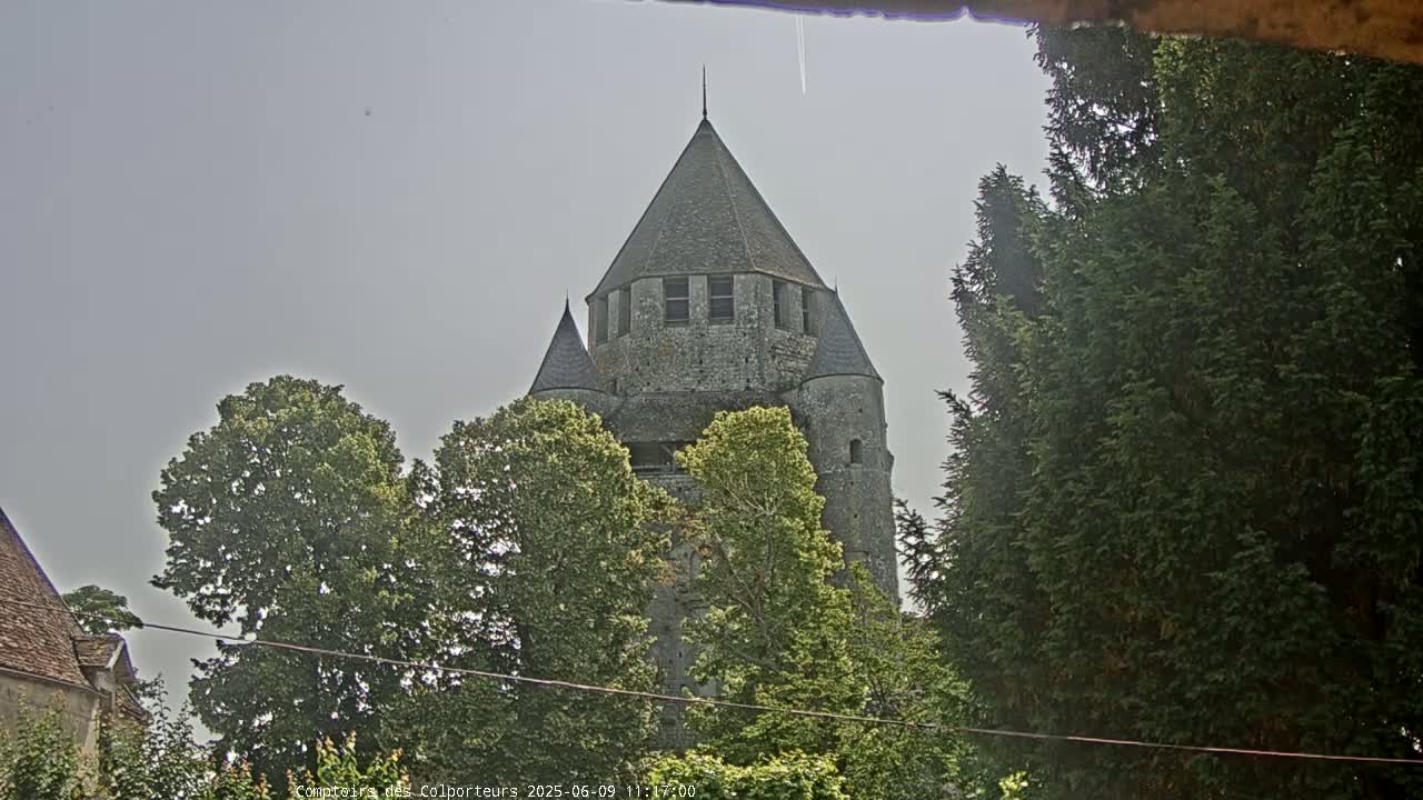 A stone tower, partially obscured by trees, is visible under an overcast sky.