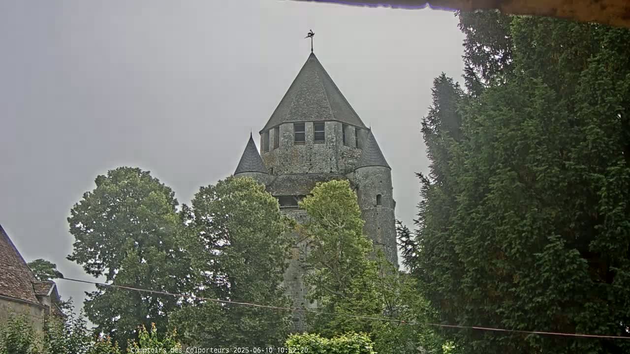 A stone tower, partially obscured by trees, rises under an overcast sky.