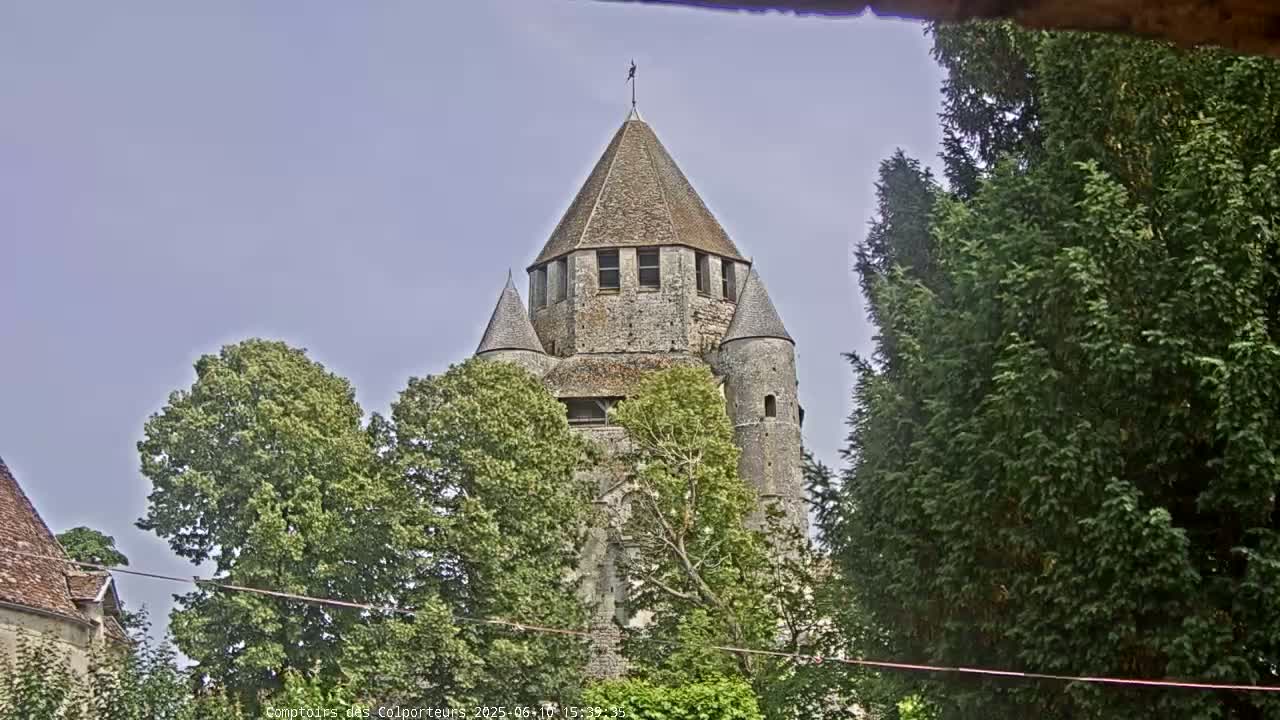 A stone tower with a conical roof, flanked by smaller turrets, is partially obscured by green trees under a mostly clear sky.