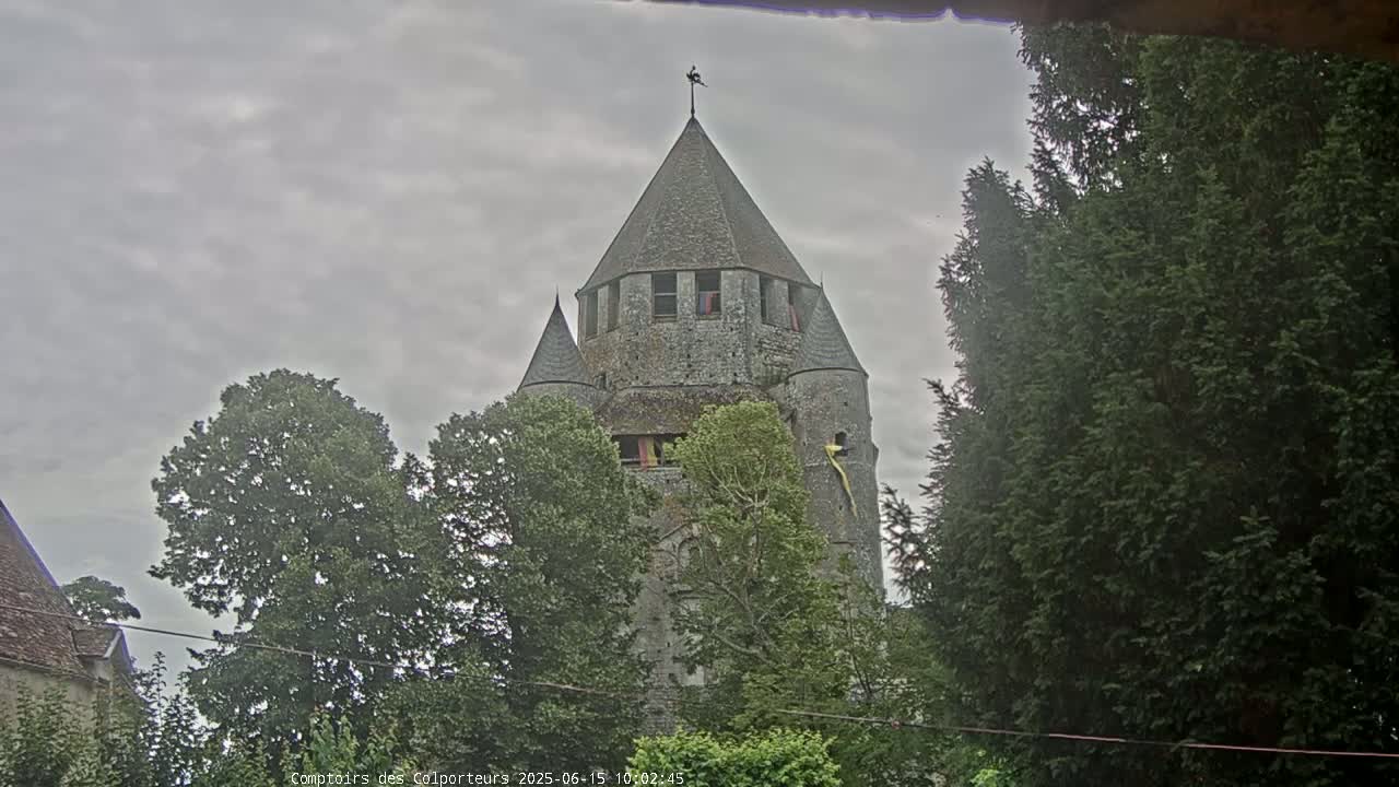 A stone tower, partially obscured by trees, stands under a cloudy sky.