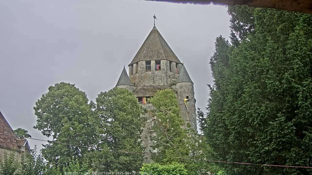 A stone tower with a conical roof, partially obscured by green trees, under an overcast sky.