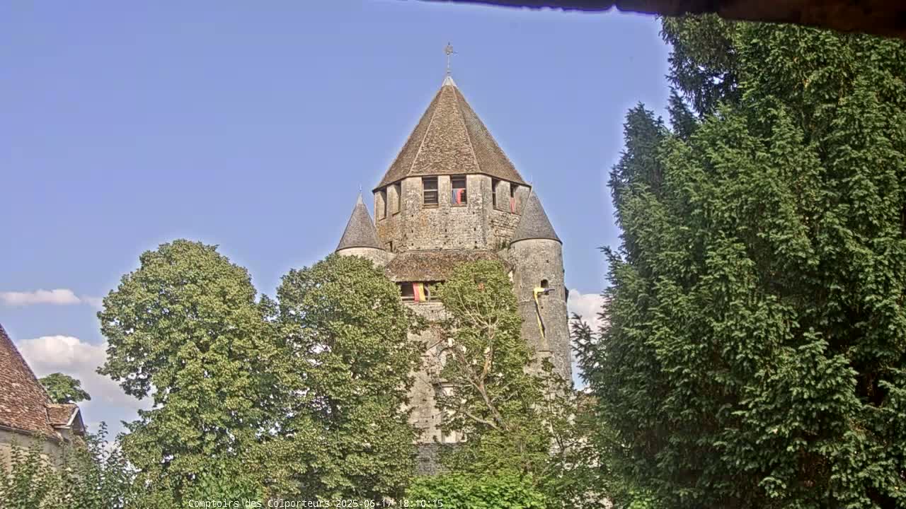 A stone tower with a conical roof is partially obscured by trees under a mostly clear blue sky.