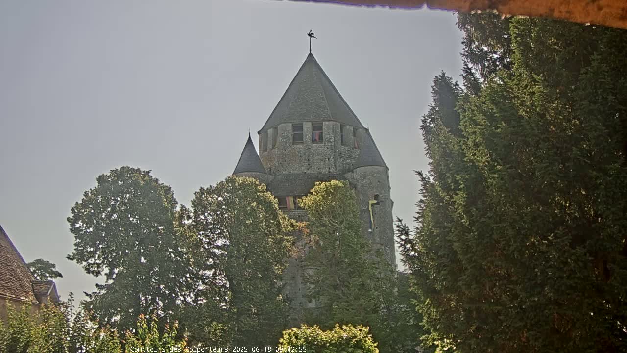 A tall, stone tower with a conical roof is partially visible behind leafy green trees under a bright, clear sky.