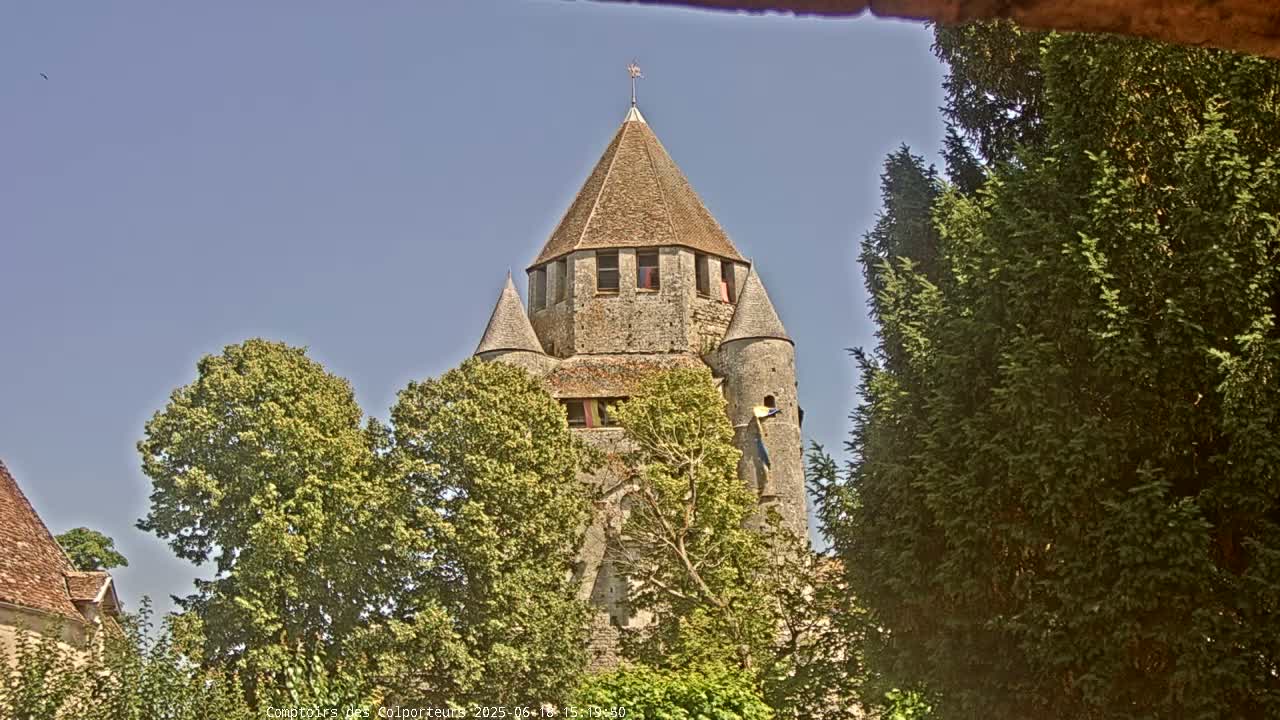 A stone tower with a conical roof rises above leafy green trees under a clear blue sky.