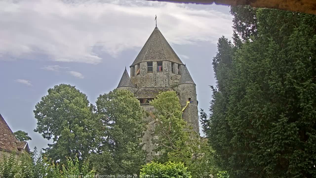 A stone tower, partially obscured by trees, rises under a partly cloudy sky.