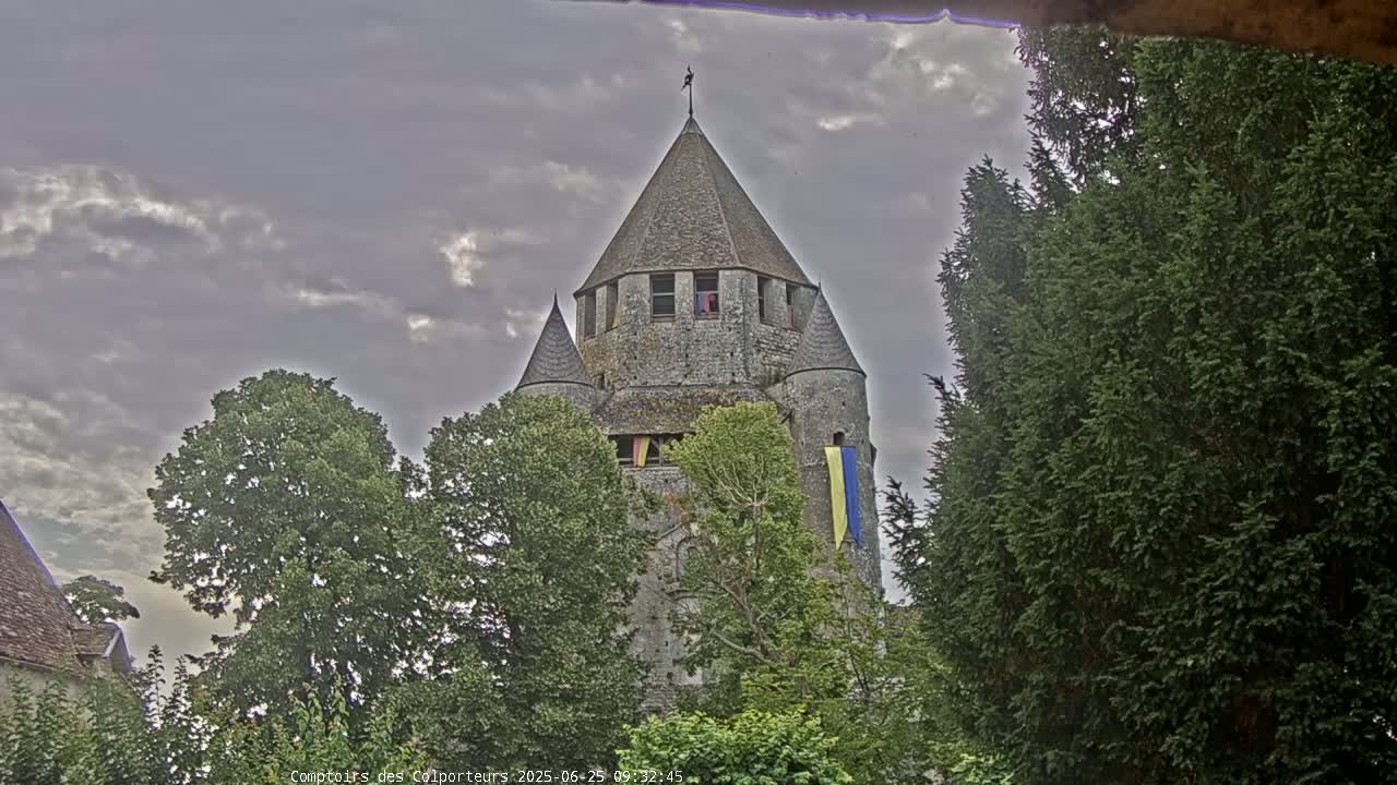 A stone tower with a conical roof, partially obscured by trees, under a cloudy sky.