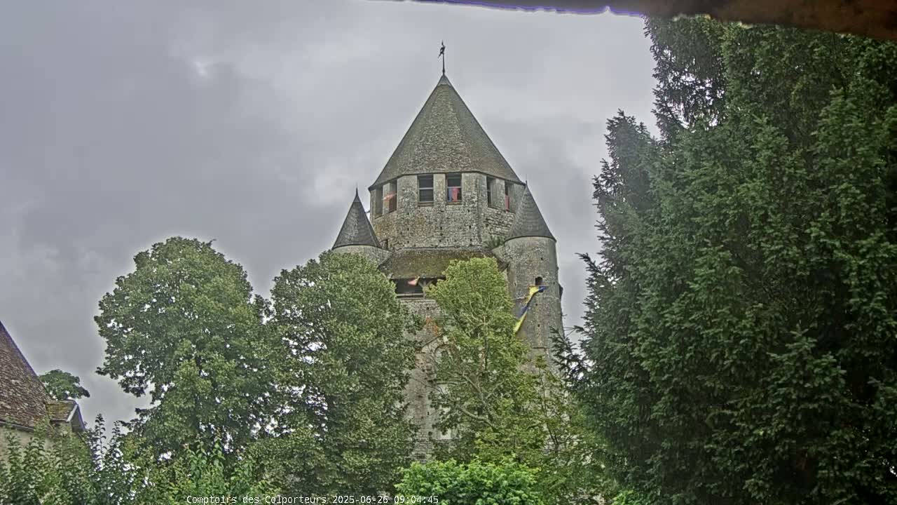 A stone tower with a conical roof is partially obscured by trees under an overcast sky.