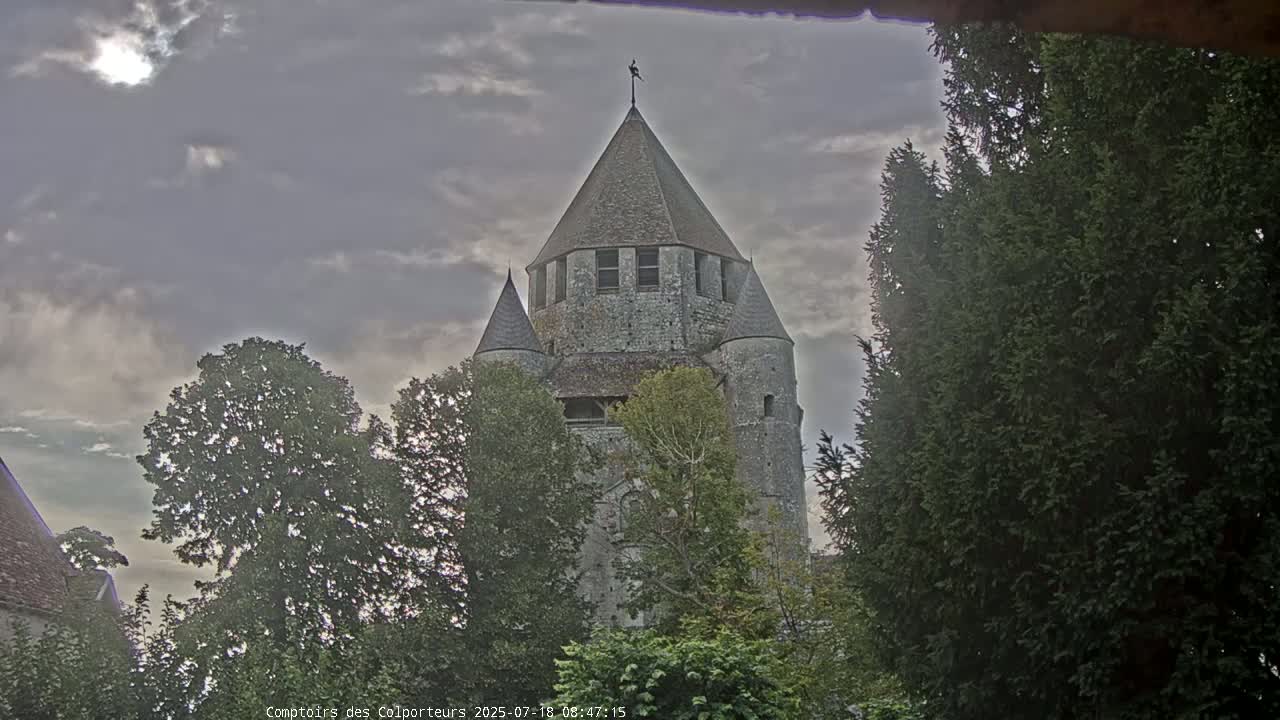A stone tower, partially obscured by trees, stands under a cloudy sky.