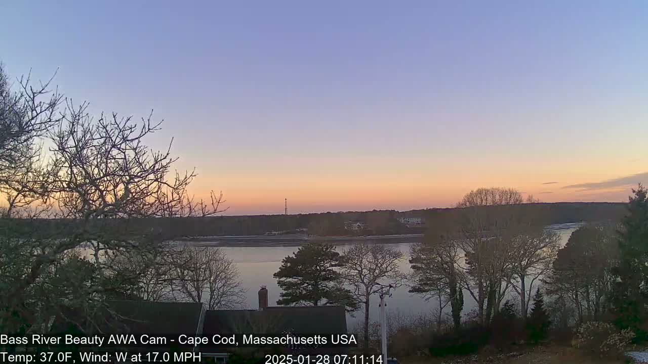A calm river at sunset is viewed from a distance, with bare trees in the foreground and a pastel-colored sky above.
