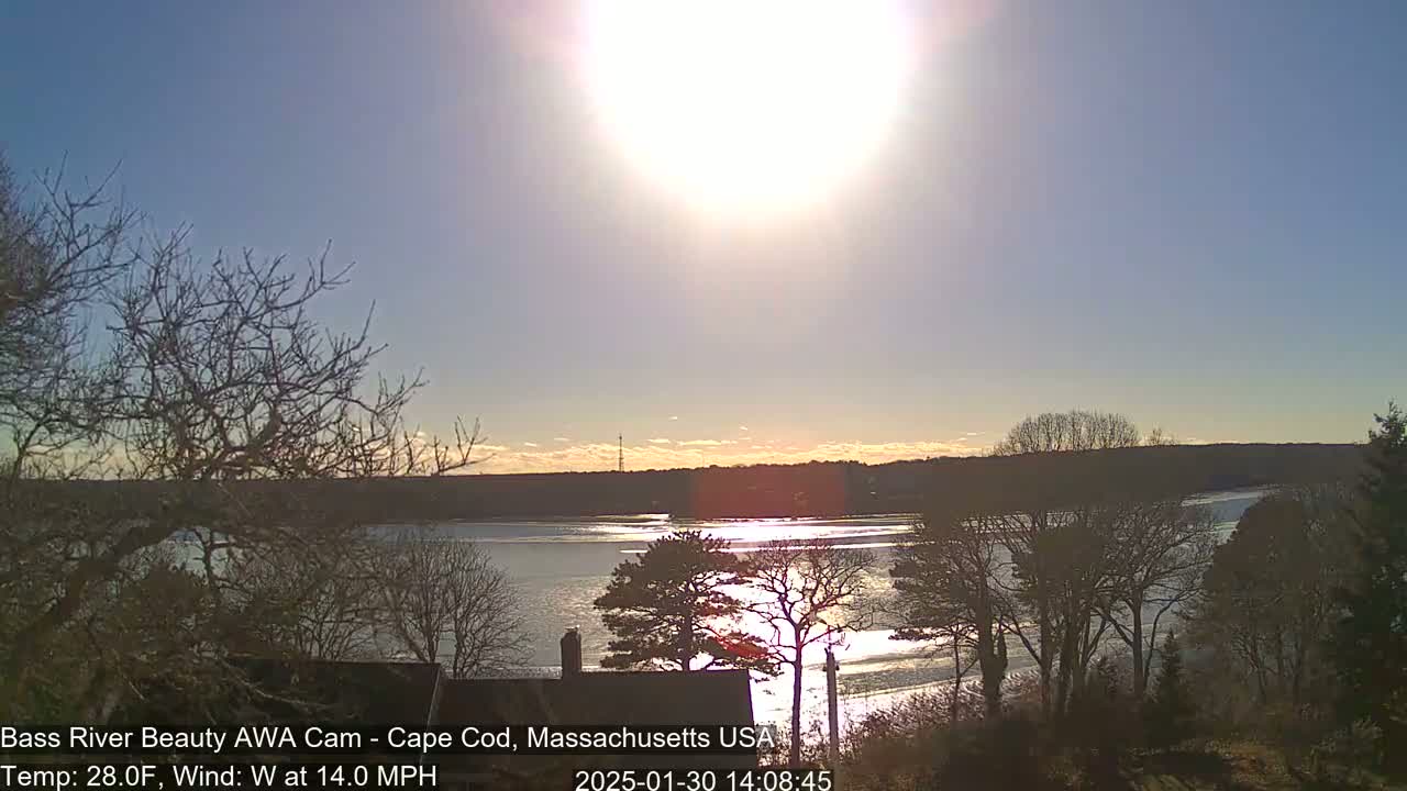 A bright, sunny day with a west wind shows a calm river reflecting the sun, bordered by bare winter trees and a distant shoreline.