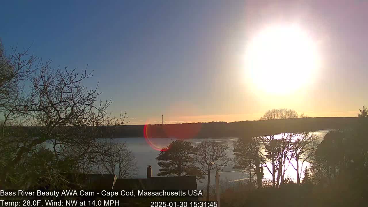 A bright sun shines over a calm body of water, partially frozen, bordered by bare trees under a clear sky.