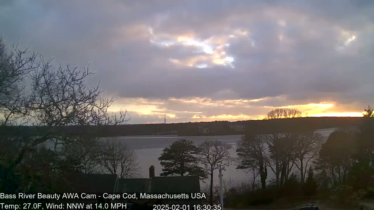 A partly cloudy sunset over a calm body of water, viewed from a vantage point among bare trees in a 27°F temperature with a 14 mph north-northwest wind.