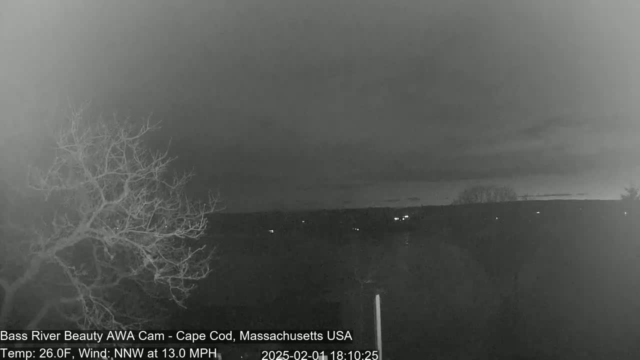 A nighttime, overcast scene shows a bare tree in the foreground and a distant, dimly lit landscape under a dark sky with a north-northwest wind of 13 mph and a temperature of 26 degrees Fahrenheit.