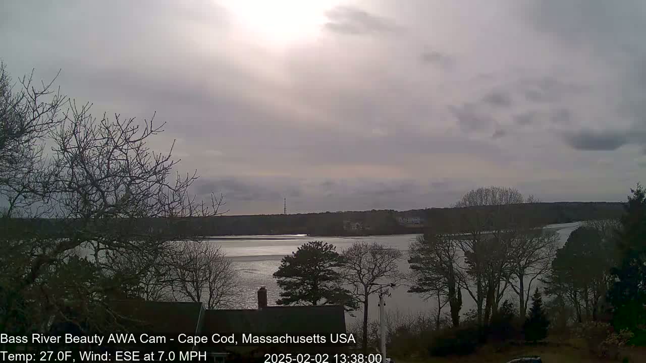A partly sunny, somewhat cloudy day reveals a view of a calm river partially covered in ice, surrounded by bare winter trees.