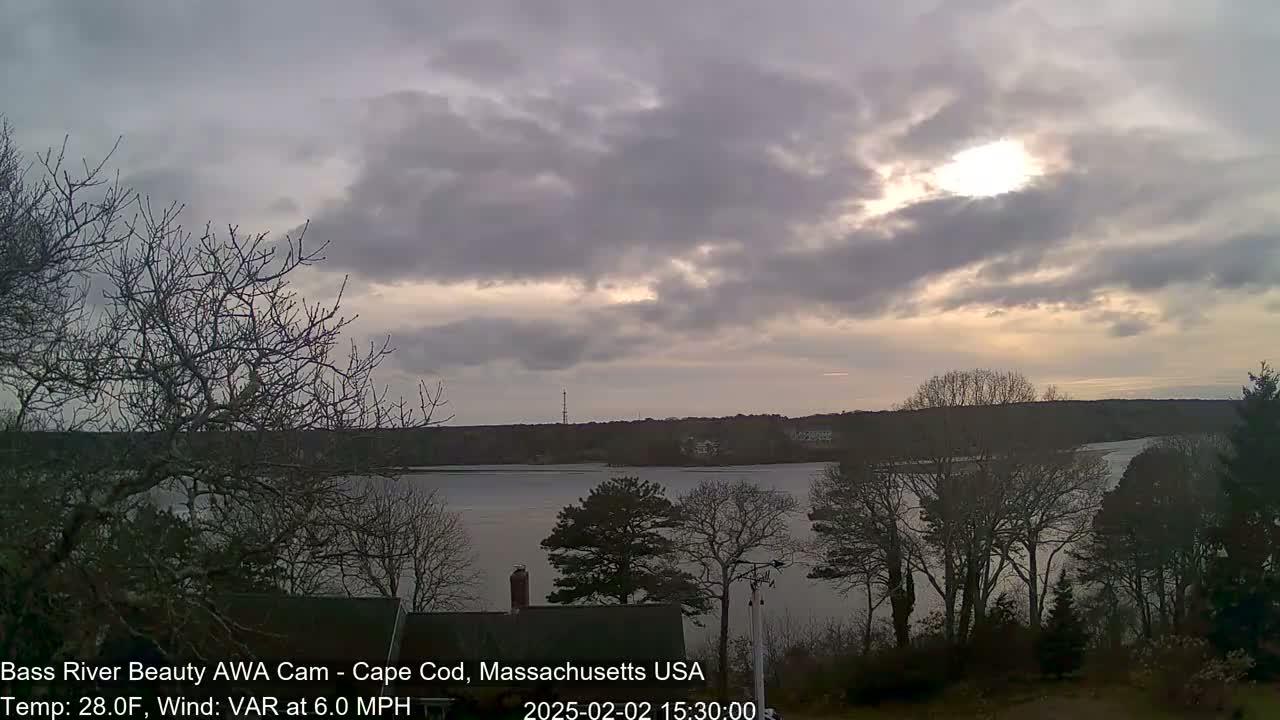 A partly cloudy, cool day shows a calm river surrounded by bare trees under an overcast sky with a hint of sunlight breaking through the clouds.