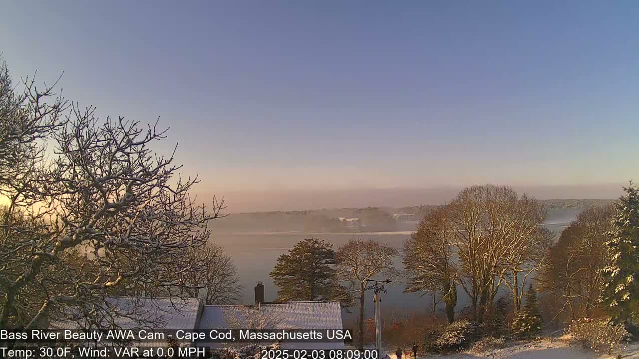 Snow-covered trees and houses overlook a hazy, calm river at sunrise.