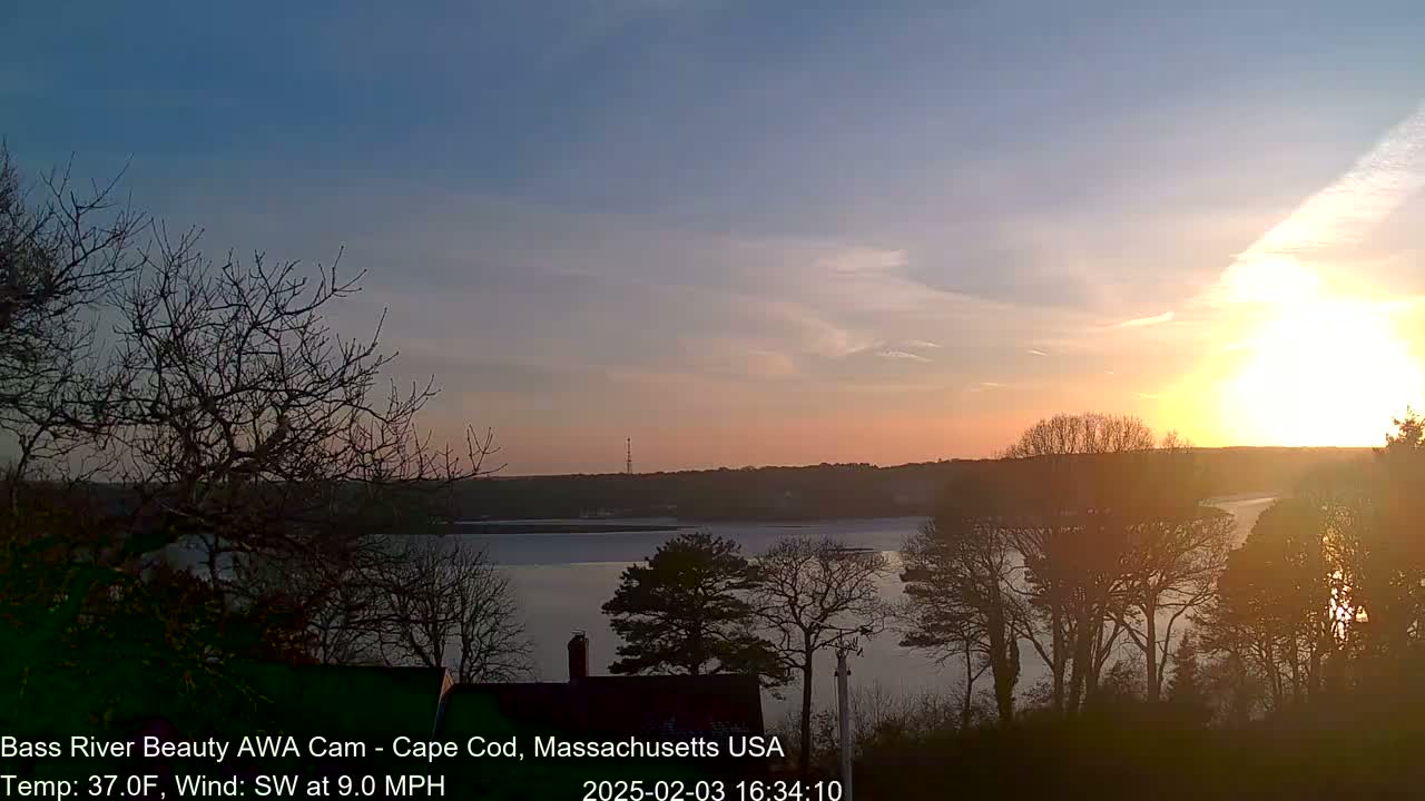 A sunset over a calm body of water, viewed from a vantage point among bare trees, under a mostly clear sky with a southwest wind.