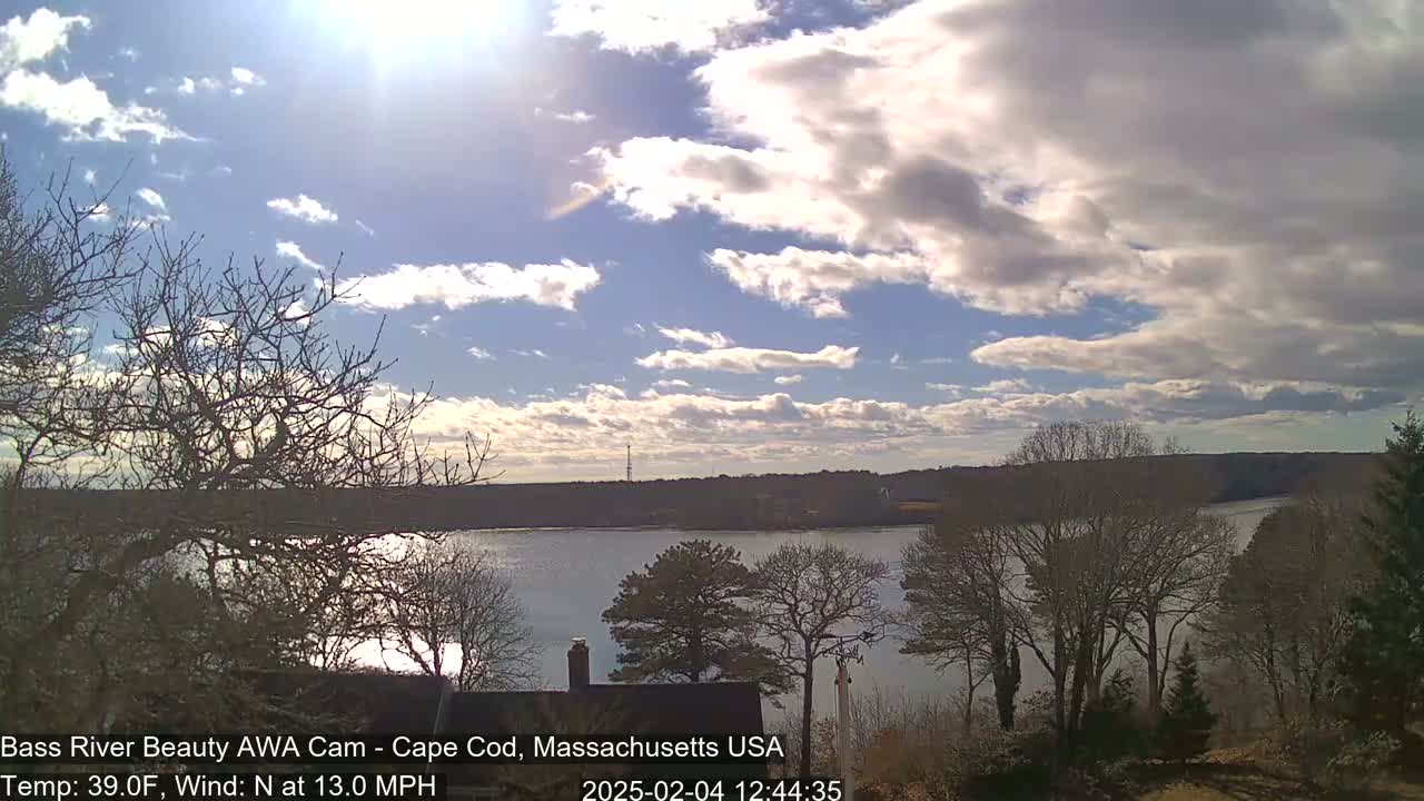A partly cloudy sky overlooks a calm river, bordered by bare winter trees and a distant shoreline.