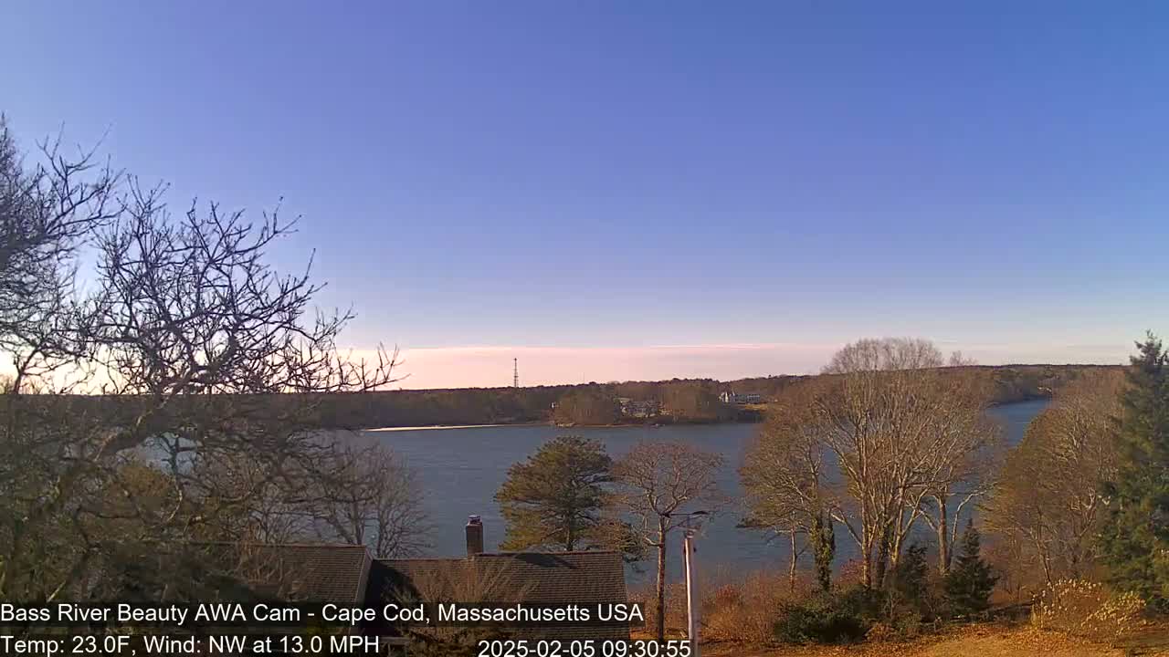 A calm river is seen from a hilltop on a clear, cool day with a northwest wind.