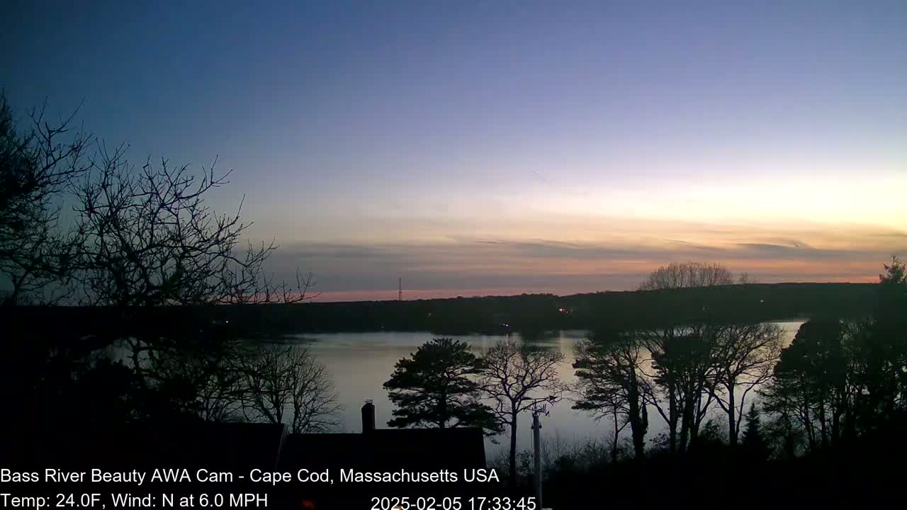 A calm body of water is seen at sunset under a partly cloudy sky, with bare trees silhouetted against the twilight.