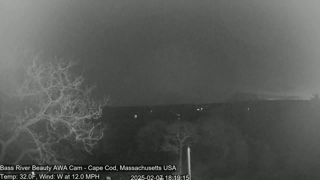 A nighttime, hazy view of bare trees and a distant horizon with faint lights, under a 32°F temperature with a 12 mph west wind.
