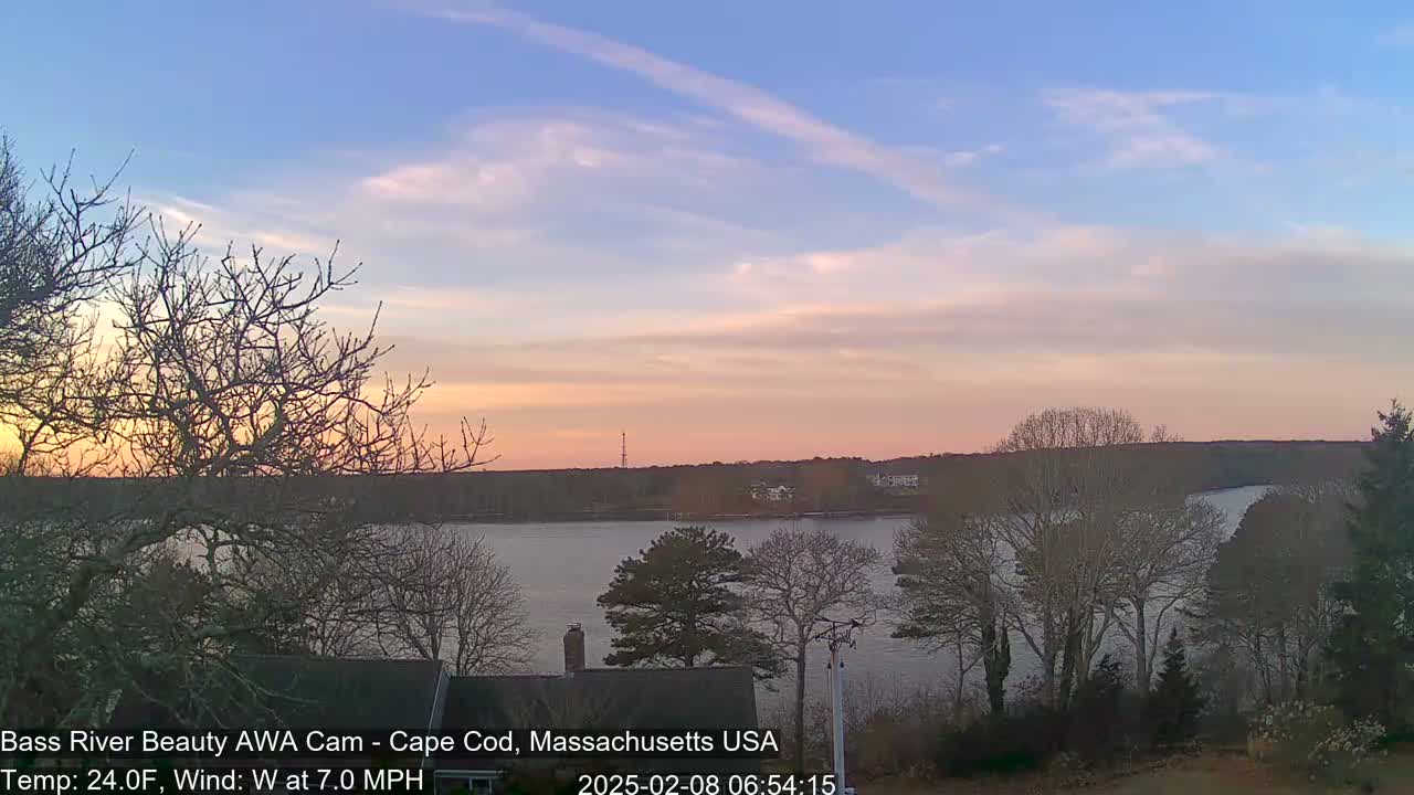 A calm river at sunset under a pale pink and blue sky, viewed from behind bare winter trees.