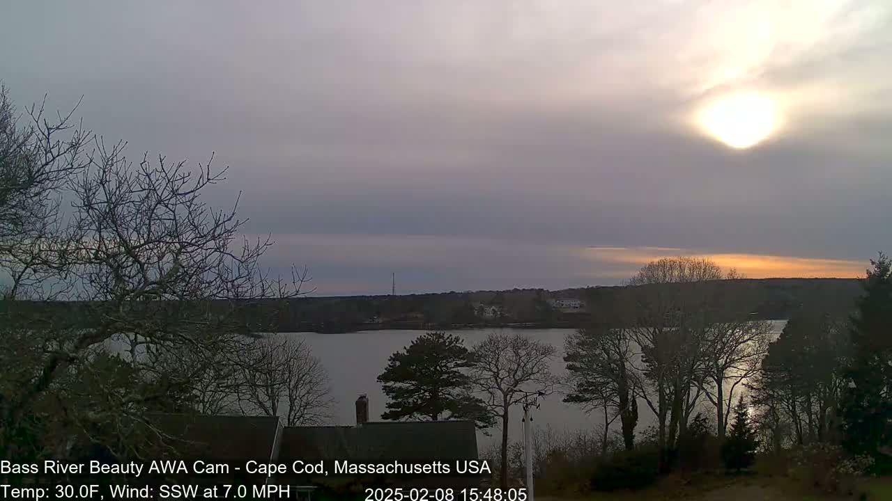 A partly cloudy sunset over a calm river, viewed from behind leafless trees, with a temperature of 30 degrees Fahrenheit and a southwest wind.