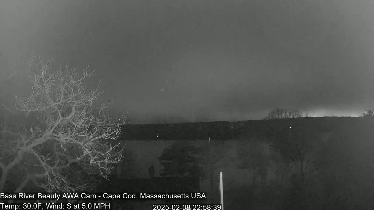 A nighttime, overcast scene shows bare trees in the foreground and a dark body of water beyond, with a faint light visible in the distance; there is a 5 mph south wind and the temperature is 30°F.