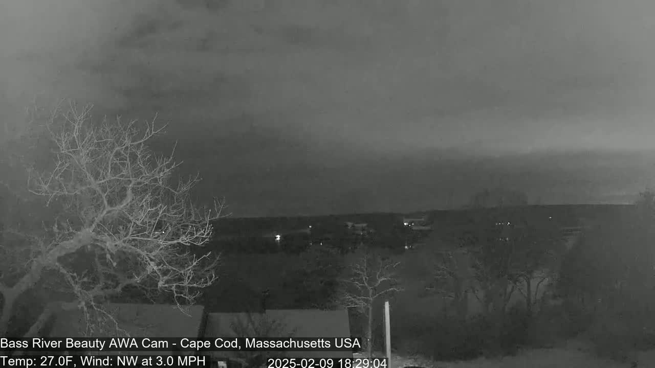 A nighttime view of a dark, overcast sky over a body of water and trees, with a light northwest wind.