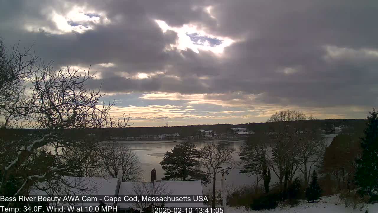 A partly sunny, cold, and windy day with snow on the ground and trees overlooking a partially frozen river.
