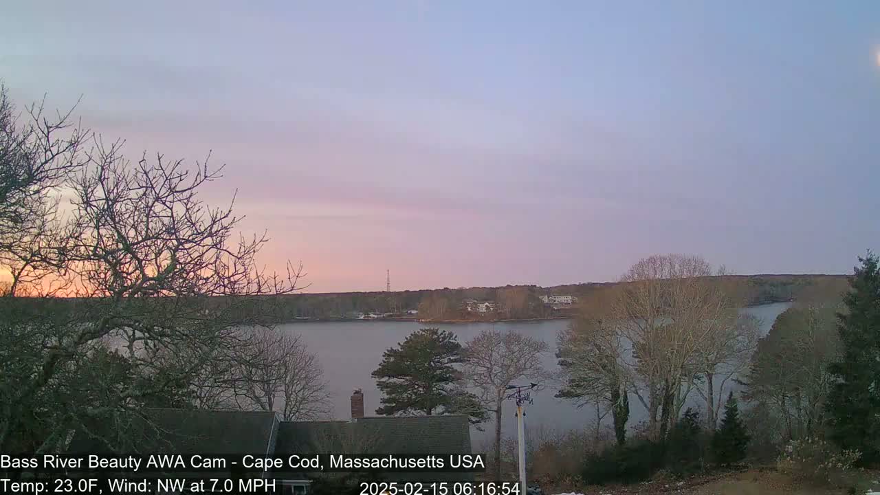 A calm body of water is seen at sunset, under a pale pink and purple sky, with bare trees and a few houses in the foreground.