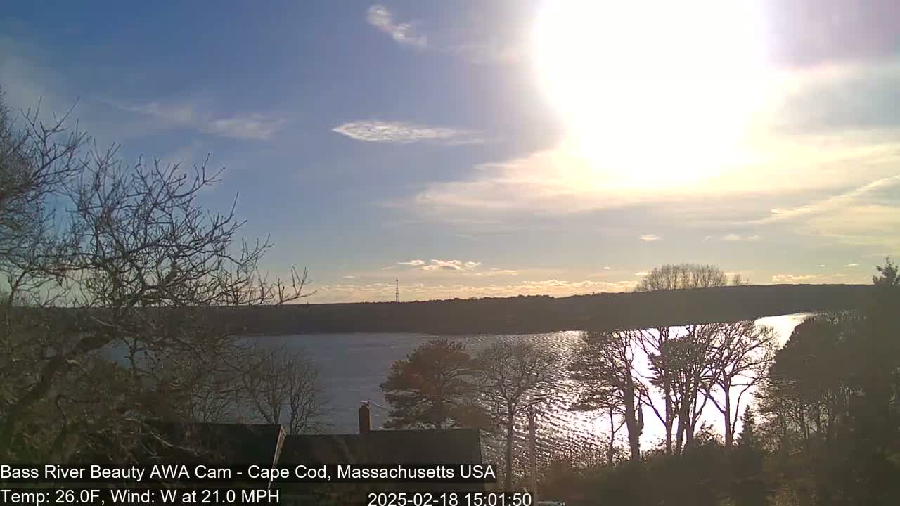 A bright, sunny day with a westerly wind shows a calm river reflecting the sunlight, bordered by leafless trees and a distant shoreline.