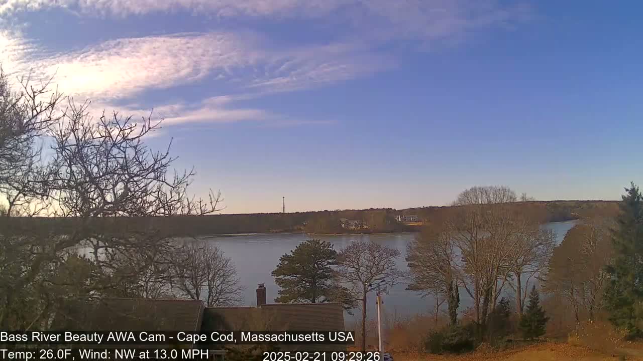 A calm river is seen under a mostly clear, light blue sky, with bare trees lining the banks and a house partially visible in the foreground; a northwest wind is blowing at 13 mph.