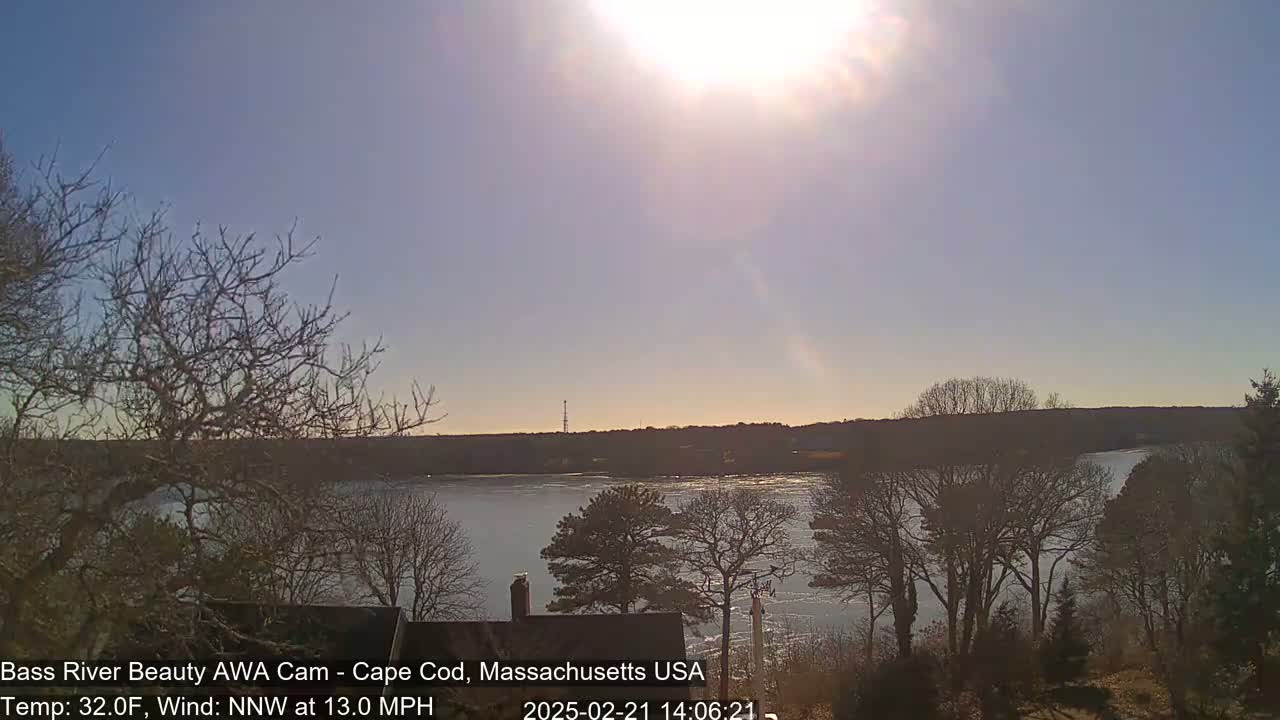 A bright, sunny day with a 13 mph northwest wind shows a calm river bordered by leafless trees under a clear sky.