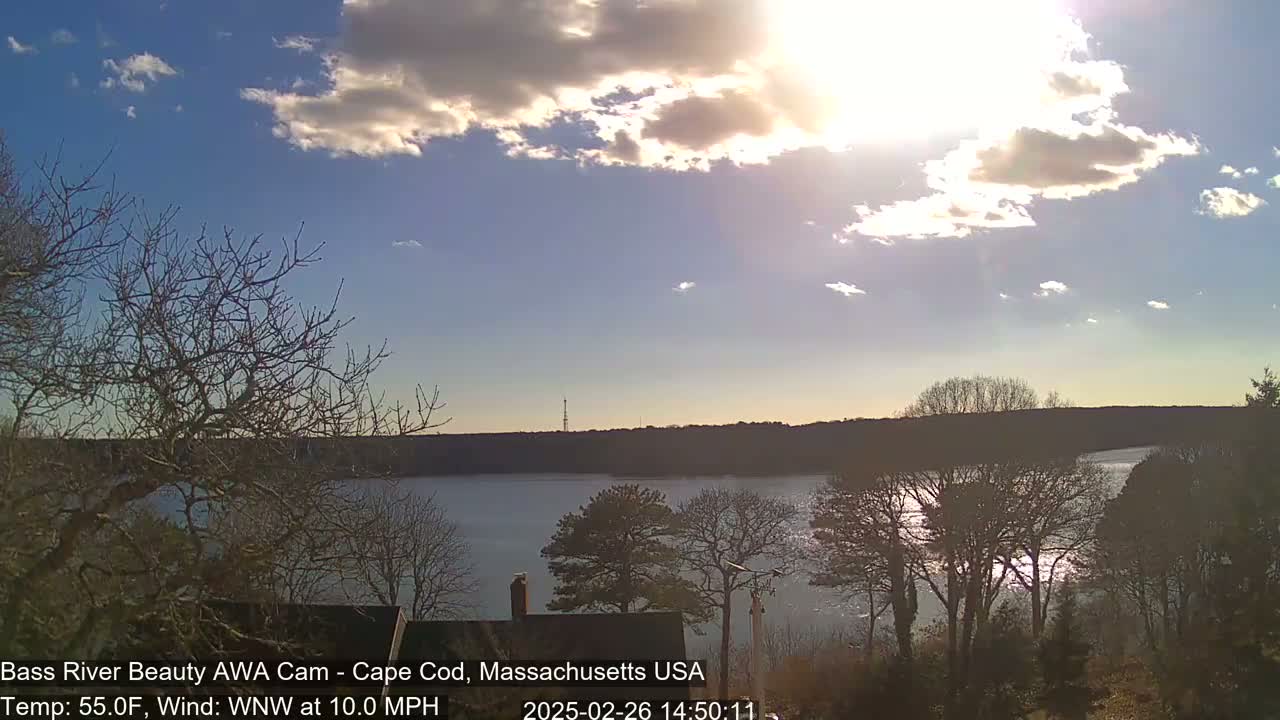 A partly sunny day with a 10 mph wind shows a calm body of water surrounded by bare trees and a distant shoreline.