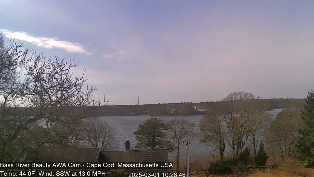A calm river is seen from a high vantage point on a partly cloudy day with a temperature of 44°F and a southwest wind of 13 mph, surrounded by bare, winter trees.