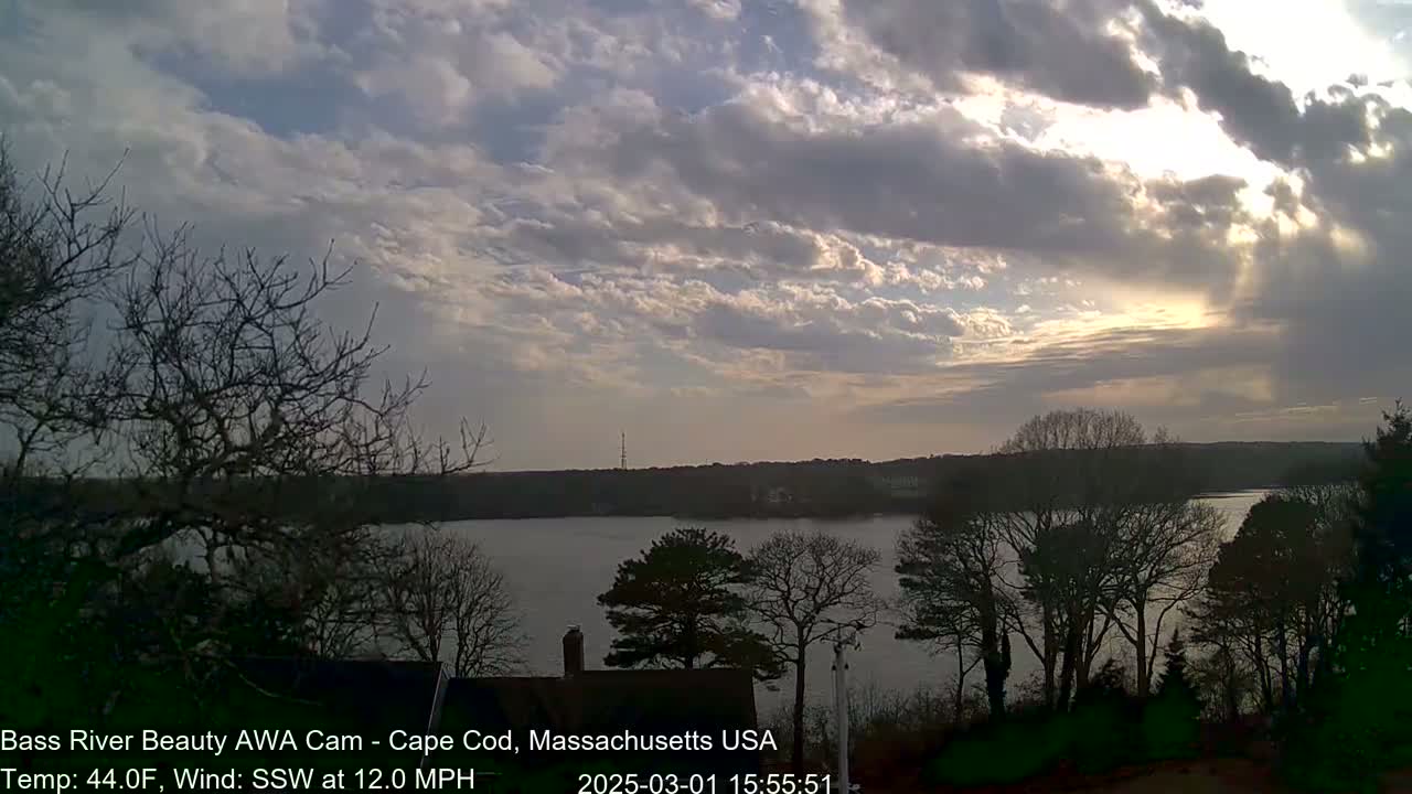A partly cloudy sky over a calm river, seen from a hilltop overlooking bare winter trees.