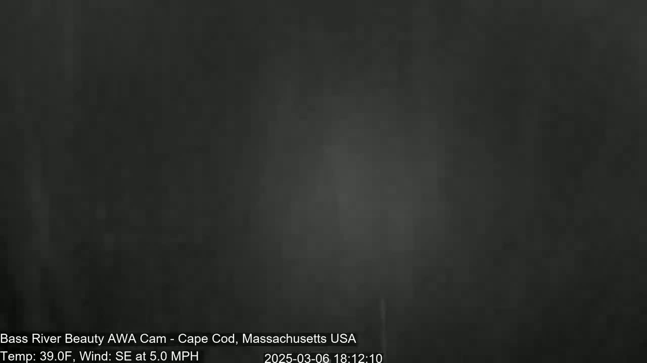 A dark, blurry outdoor image shows an overcast sky with a southeasterly wind of 5 mph and a temperature of 39°F.