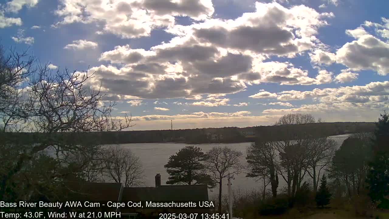 A partly cloudy sky over a calm river, with bare trees lining the shoreline and a house partially visible in the foreground, under a brisk westerly wind.