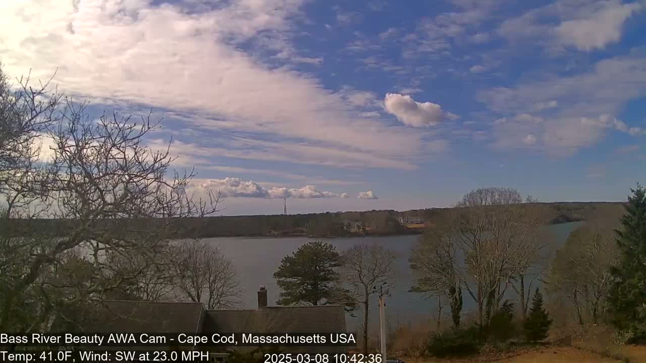 A partly cloudy, breezy day shows a view of a calm river bordered by bare trees and a distant shoreline under a mostly clear sky.