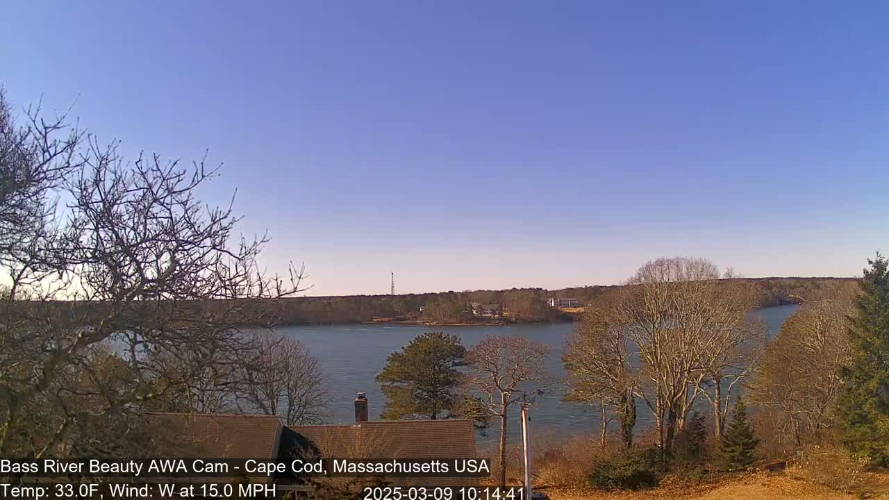 A calm, clear day with a 15 mph west wind shows a view of a river winding through bare trees and houses under a bright blue sky.
