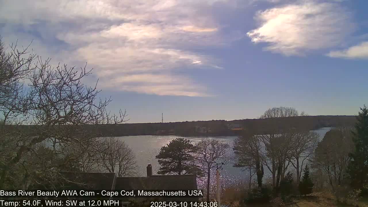 A partly sunny day with a southwest wind of 12 mph shows a calm body of water surrounded by bare winter trees.